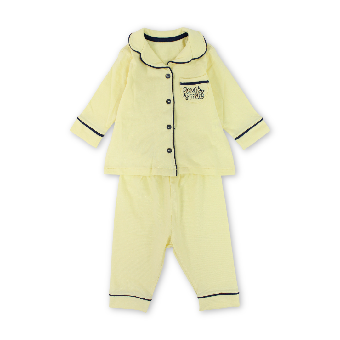Baby Boys Cotton Pajama – Yellow with "Just Smile" Embroidery - Clothing - Al Sayad