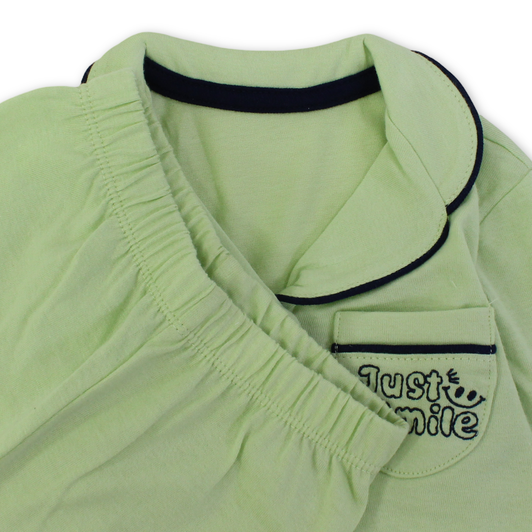 Baby Boys Cotton Pajama – Green with "Just Smile" Embroidery