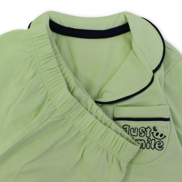Baby Boys Cotton Pajama – Green with "Just Smile" Embroidery