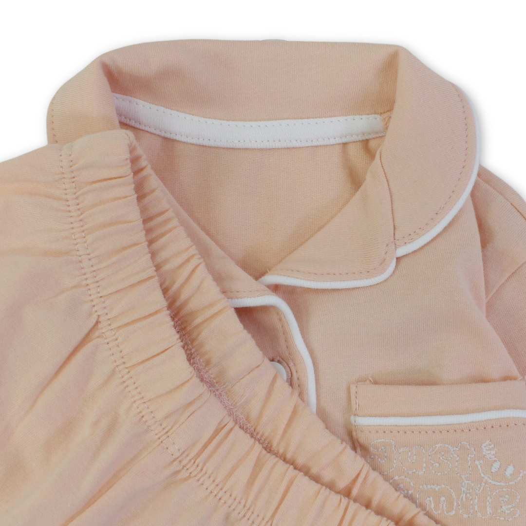 Baby Boys Cotton Pajama – Salmon with "Just Smile" Embroidery