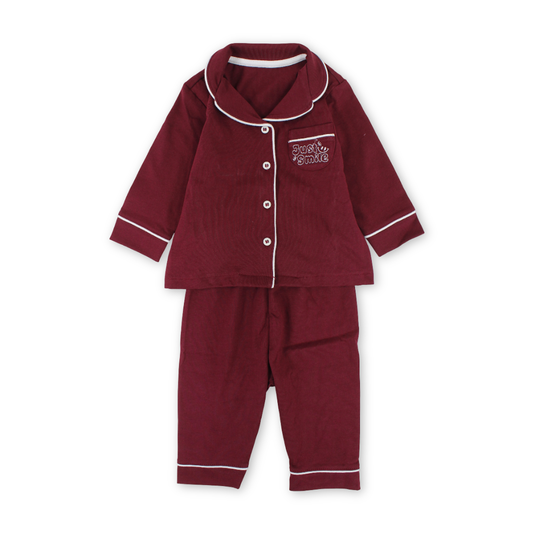 Baby Boys Cotton Pajama – Maroon with "Just Smile" Embroidery - Clothing - Al Sayad