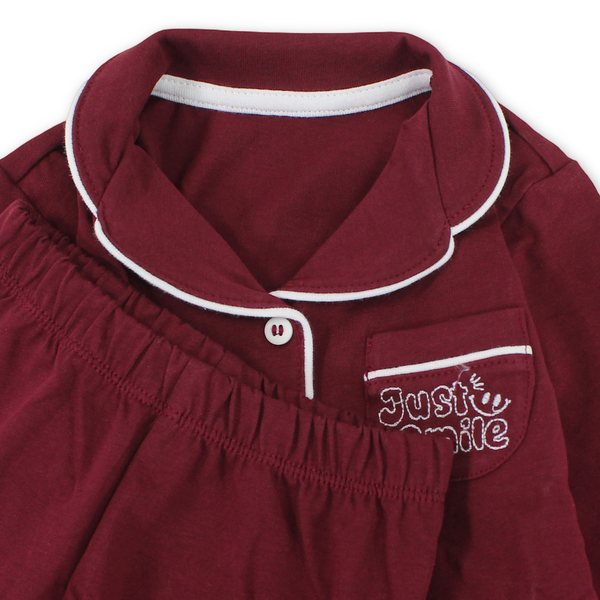 Baby Boys Cotton Pajama – Maroon with "Just Smile" Embroidery