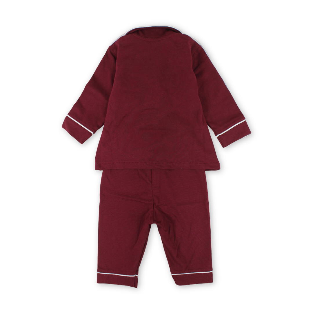 Baby Boys Cotton Pajama – Maroon with "Just Smile" Embroidery