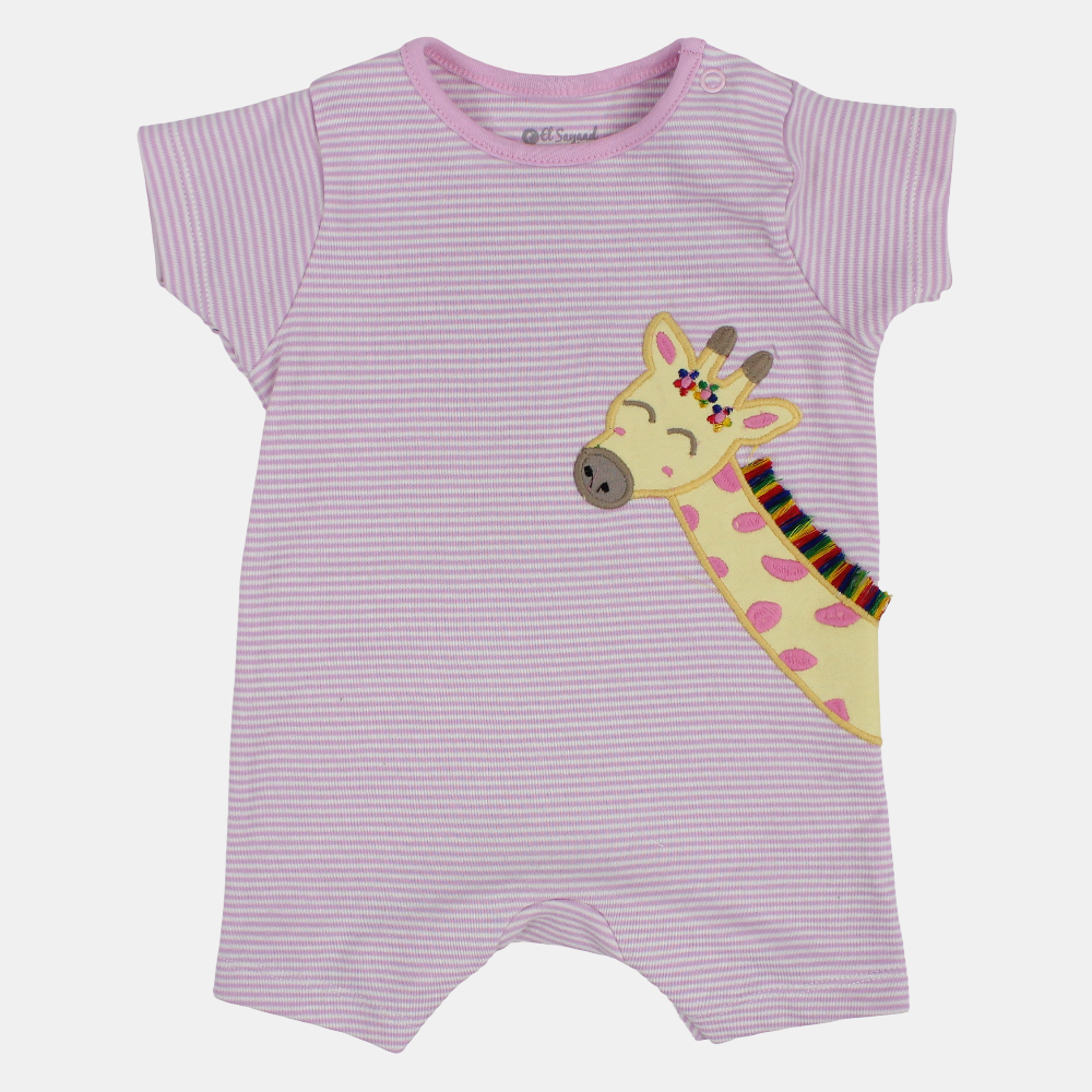 Baby Girls Cotton Romper – Pink Striped with Giraffe Design