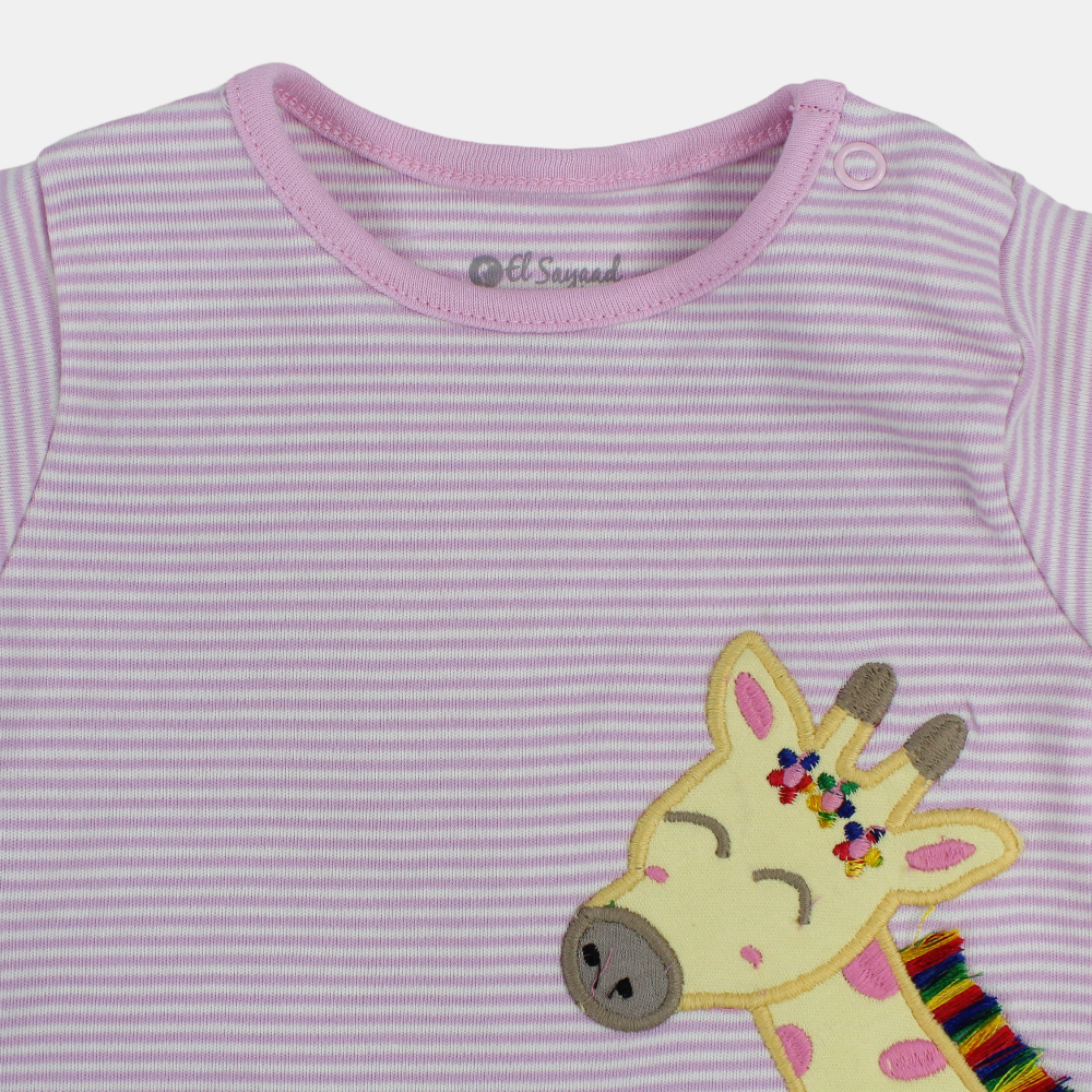 Baby Girls Cotton Romper – Pink Striped with Giraffe Design