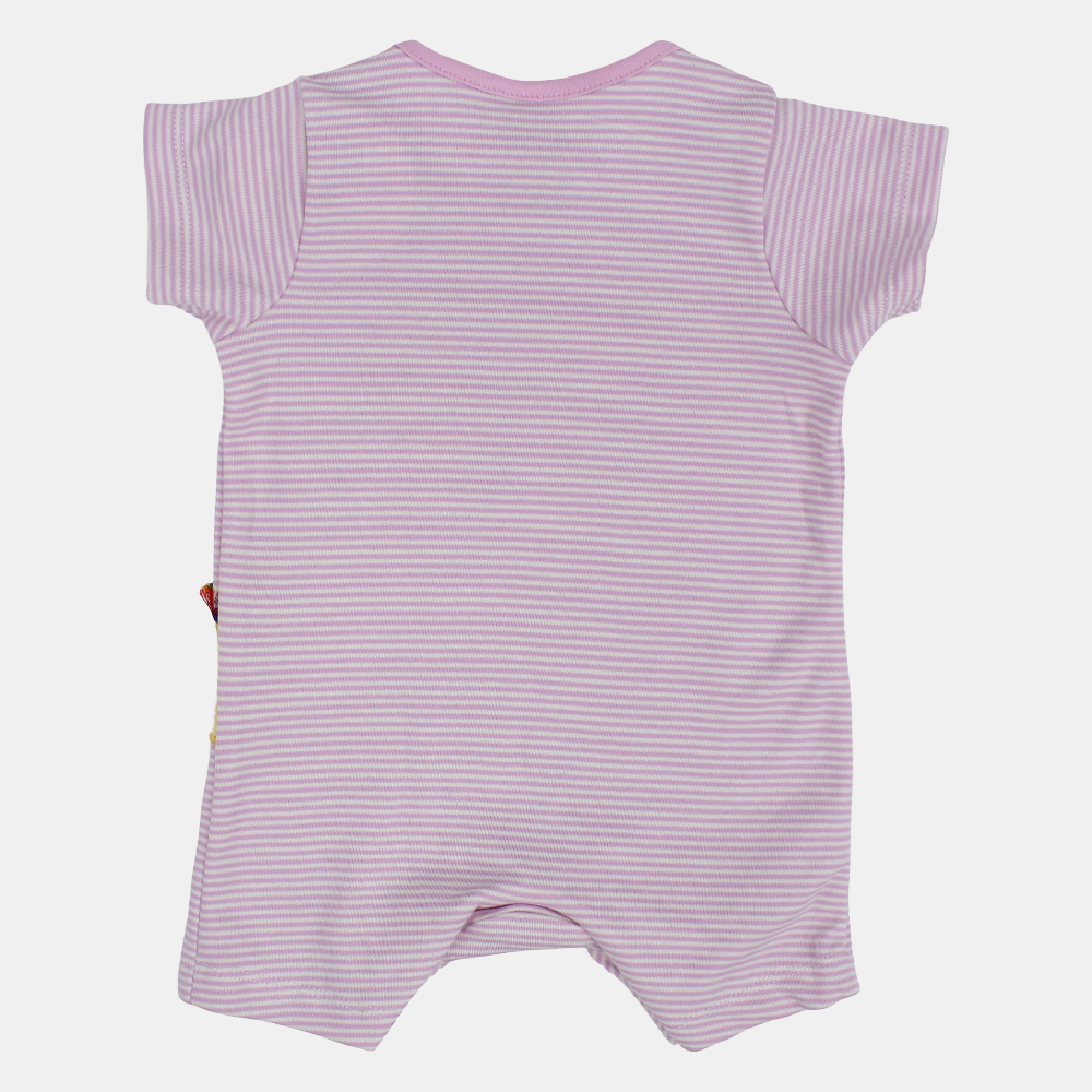 Baby Girls Cotton Romper – Pink Striped with Giraffe Design
