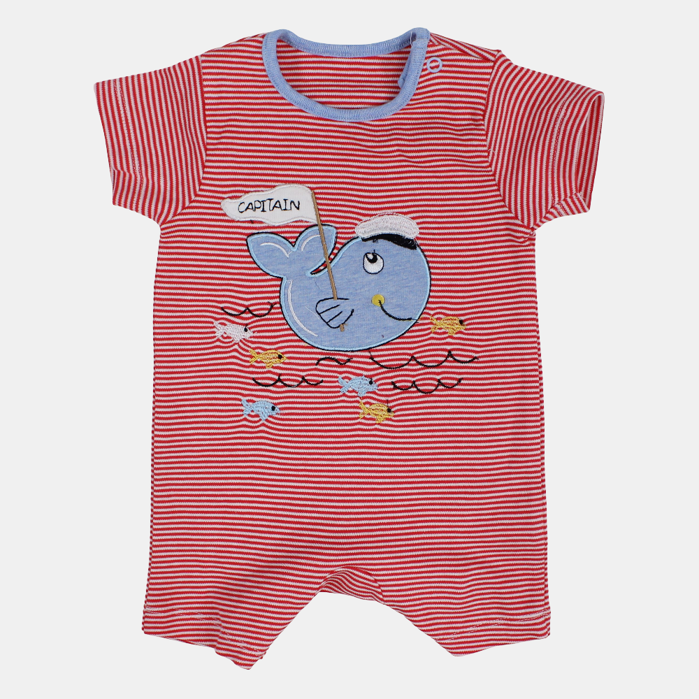 Baby Boys Cotton Romper – Red Striped with Dolphin Design