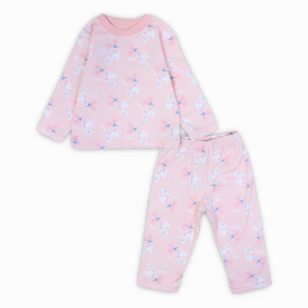 Girls Cotton Pajama Set – Pink with Unicorn & Flowers Print
