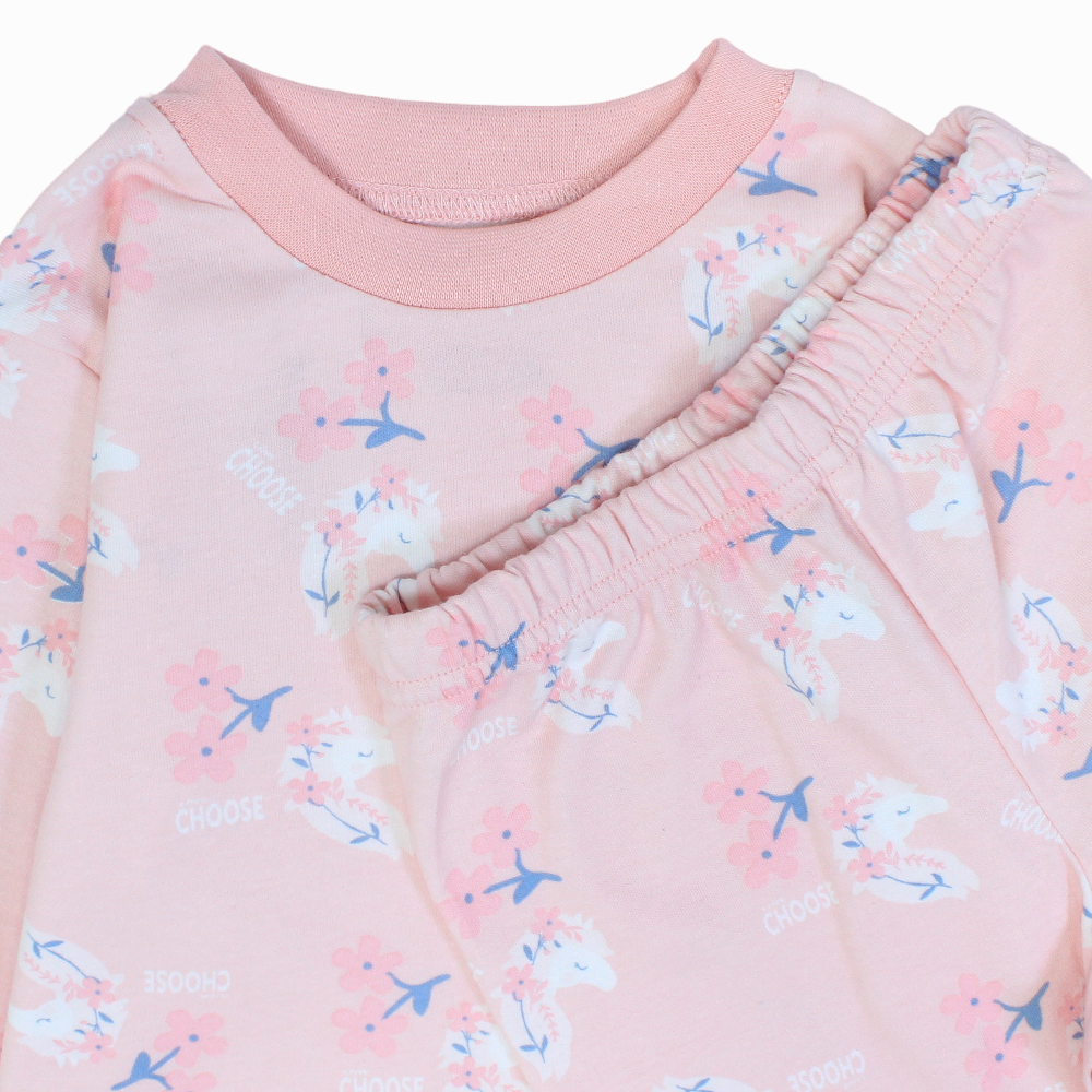 Girls Cotton Pajama Set – Pink with Unicorn & Flowers Print