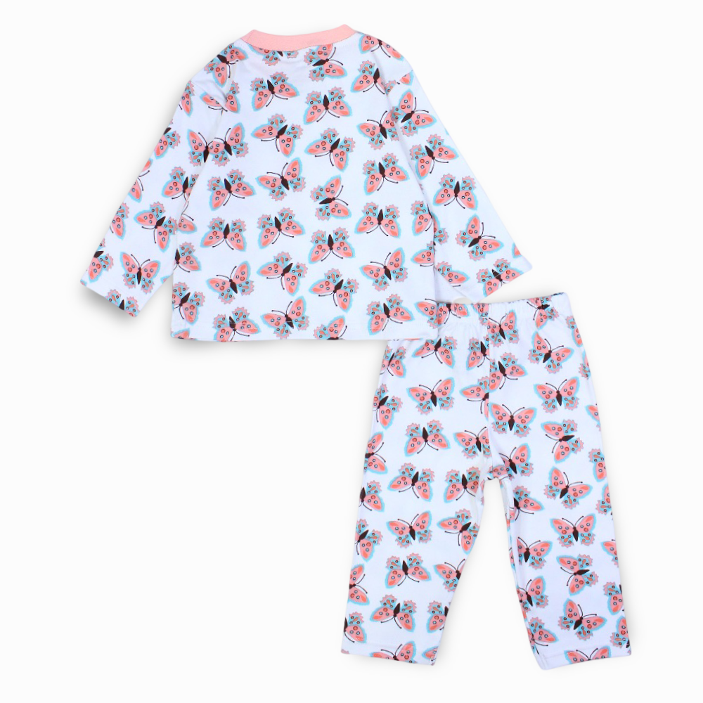 Girls Cotton Pajama Set – Off-White & Pink with Butterfly Print