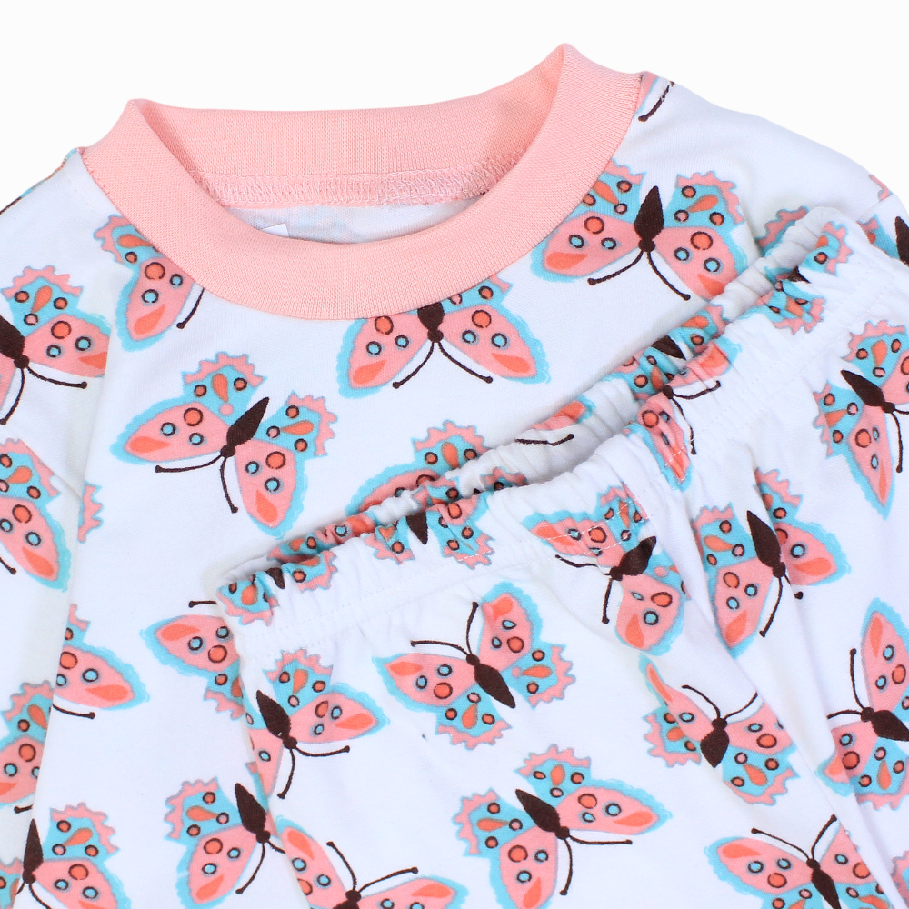 Girls Cotton Pajama Set – Off-White & Pink with Butterfly Print