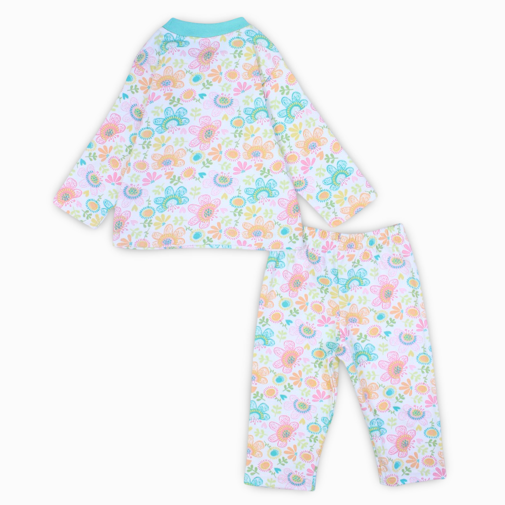 Girls Cotton Pajama Set – Off-White & Aqua with Flowers Print