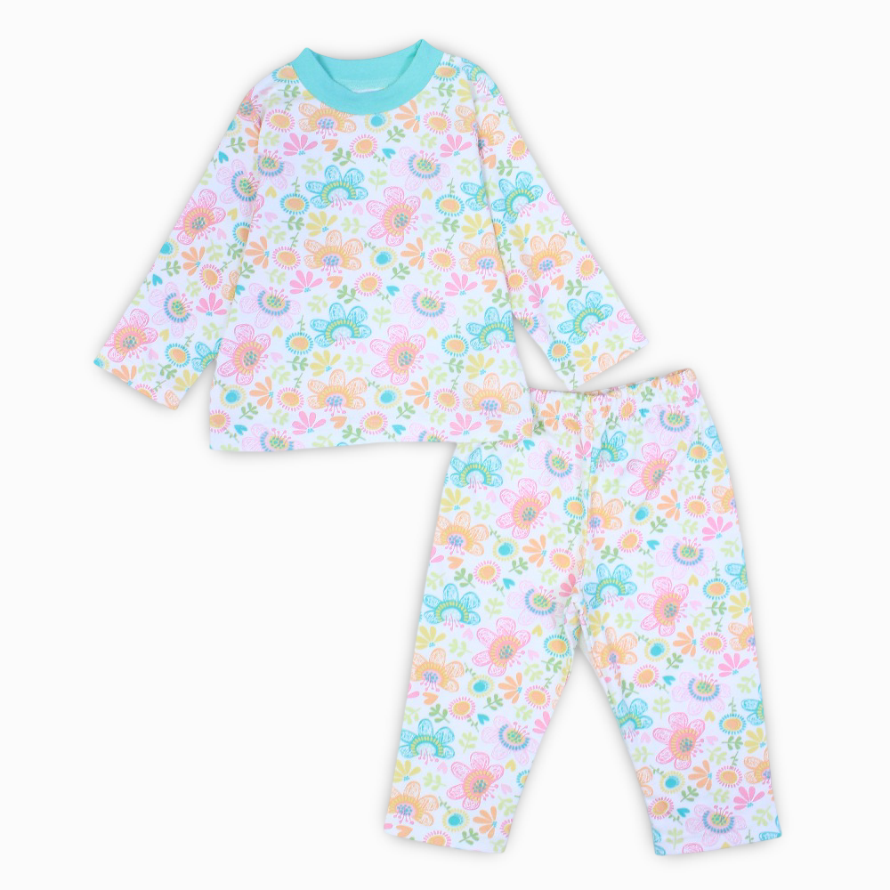 Girls Cotton Pajama Set – Off-White & Aqua with Flowers Print