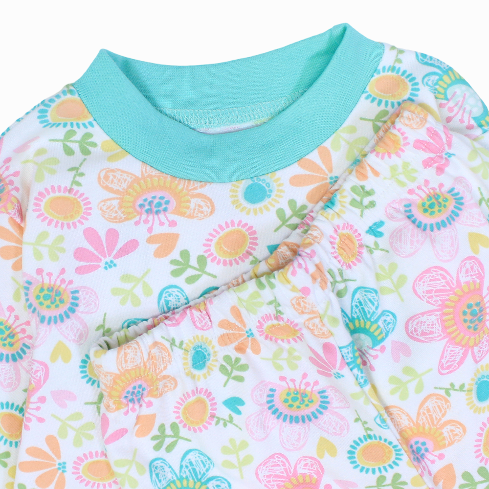 Girls Cotton Pajama Set – Off-White & Aqua with Flowers Print