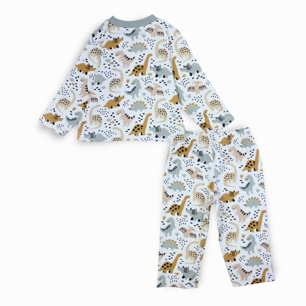 Boys Cotton Pajama Set – Off-White & Grey with Dino Print