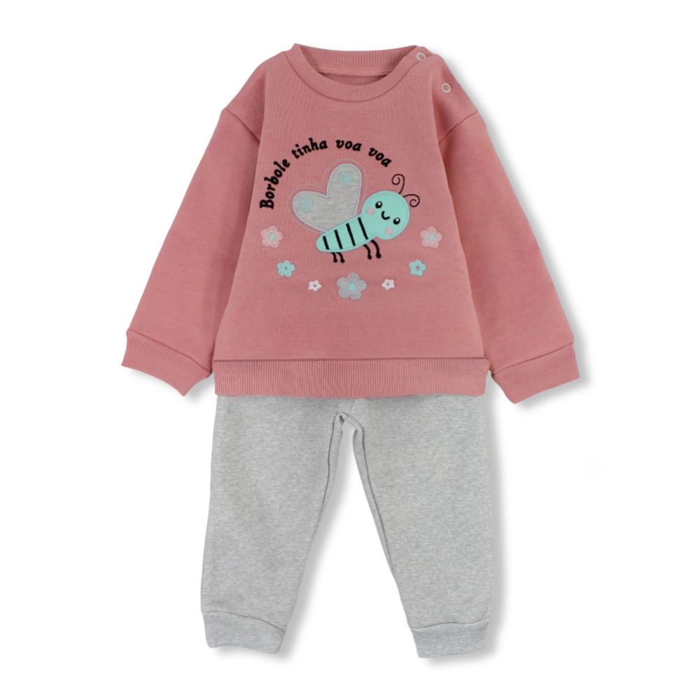 Baby Girls Cotton Pajama Set – Salmon with Bee Embroidery