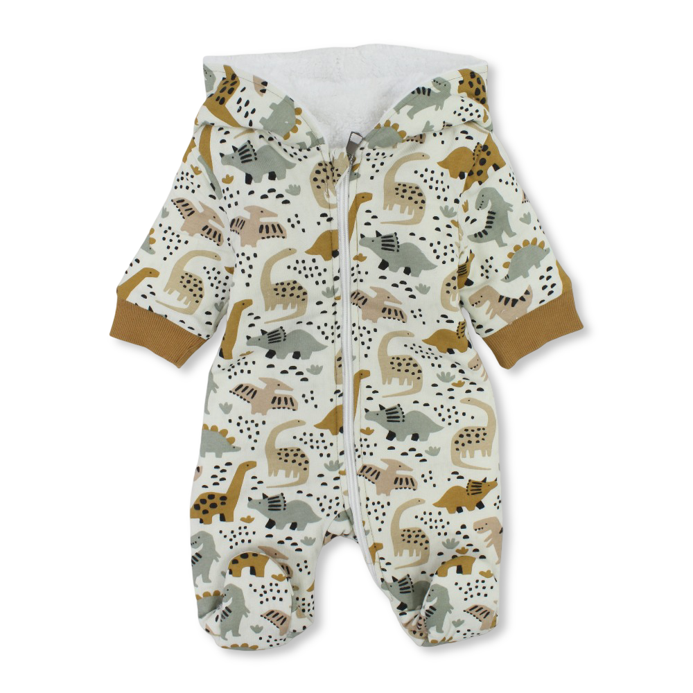 Baby Boys Fleeced Hooded Baby Footie – Off-White with Dino Print