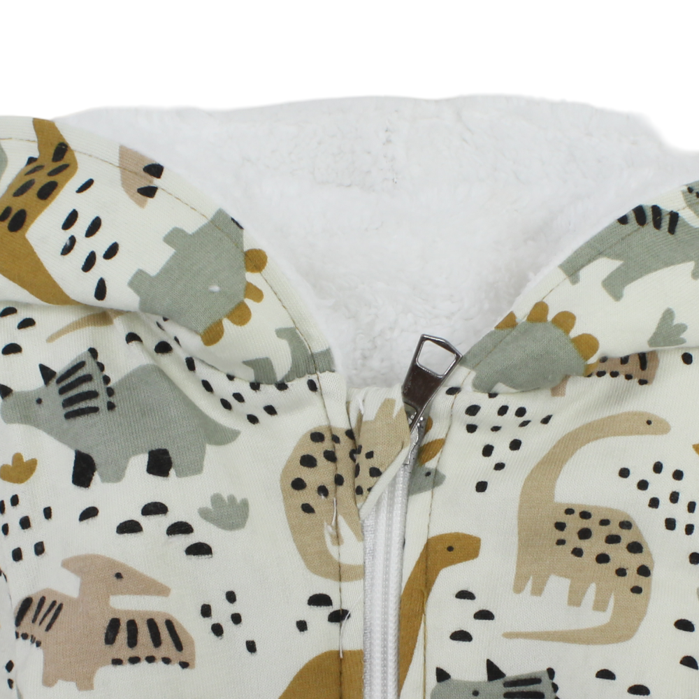 Baby Boys Fleeced Hooded Baby Footie – Off-White with Dino Print