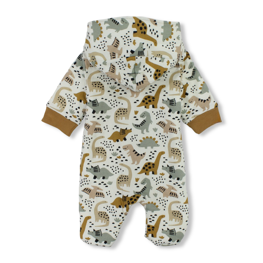 Baby Boys Fleeced Hooded Baby Footie – Off-White with Dino Print