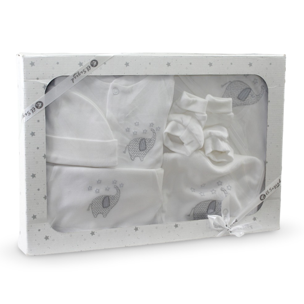 Unisex Baby Gift Clothes Box – White Elephant Theme