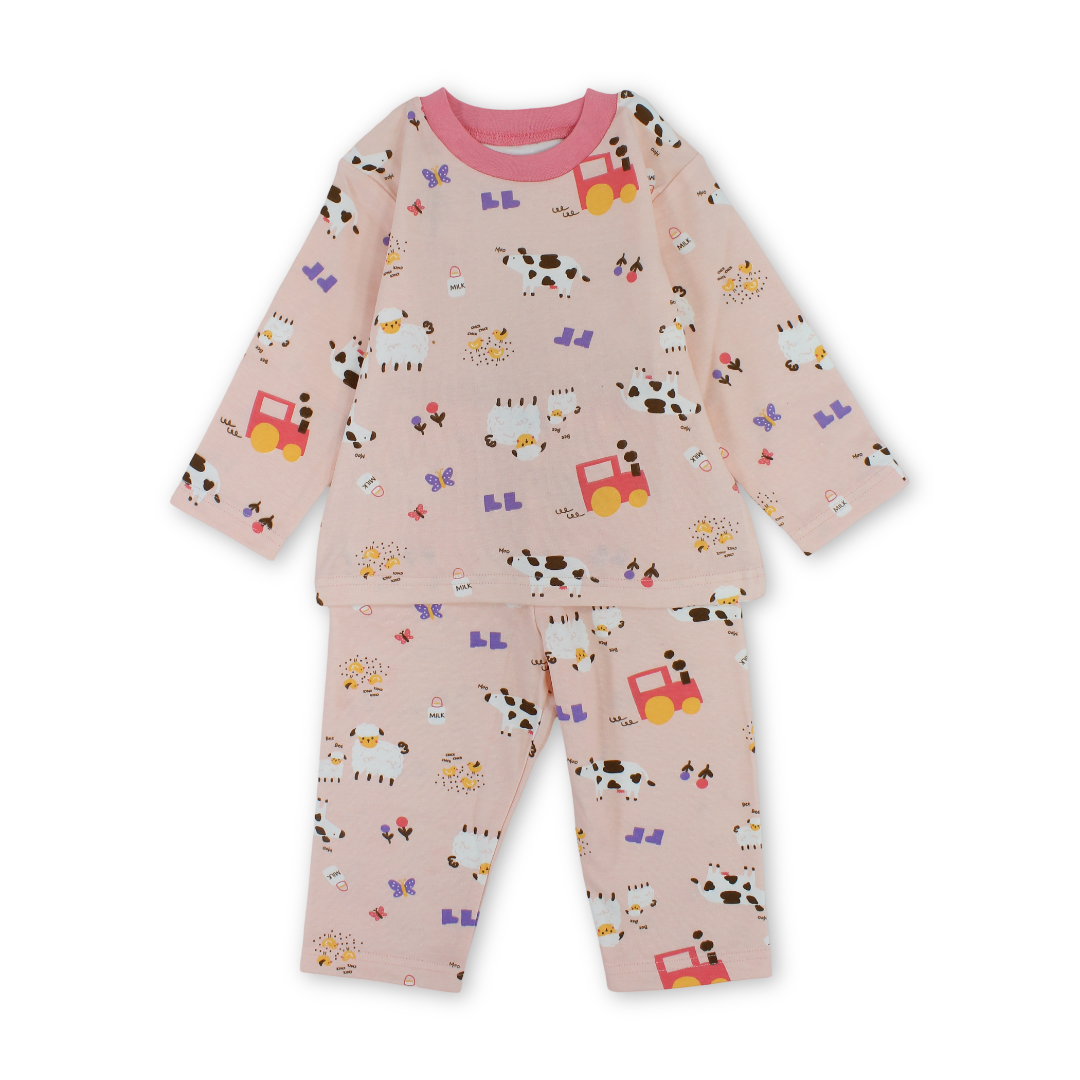 Baby Girls Cotton Pajama – Pink with Farm Animals Print - Clothing - Al Sayad