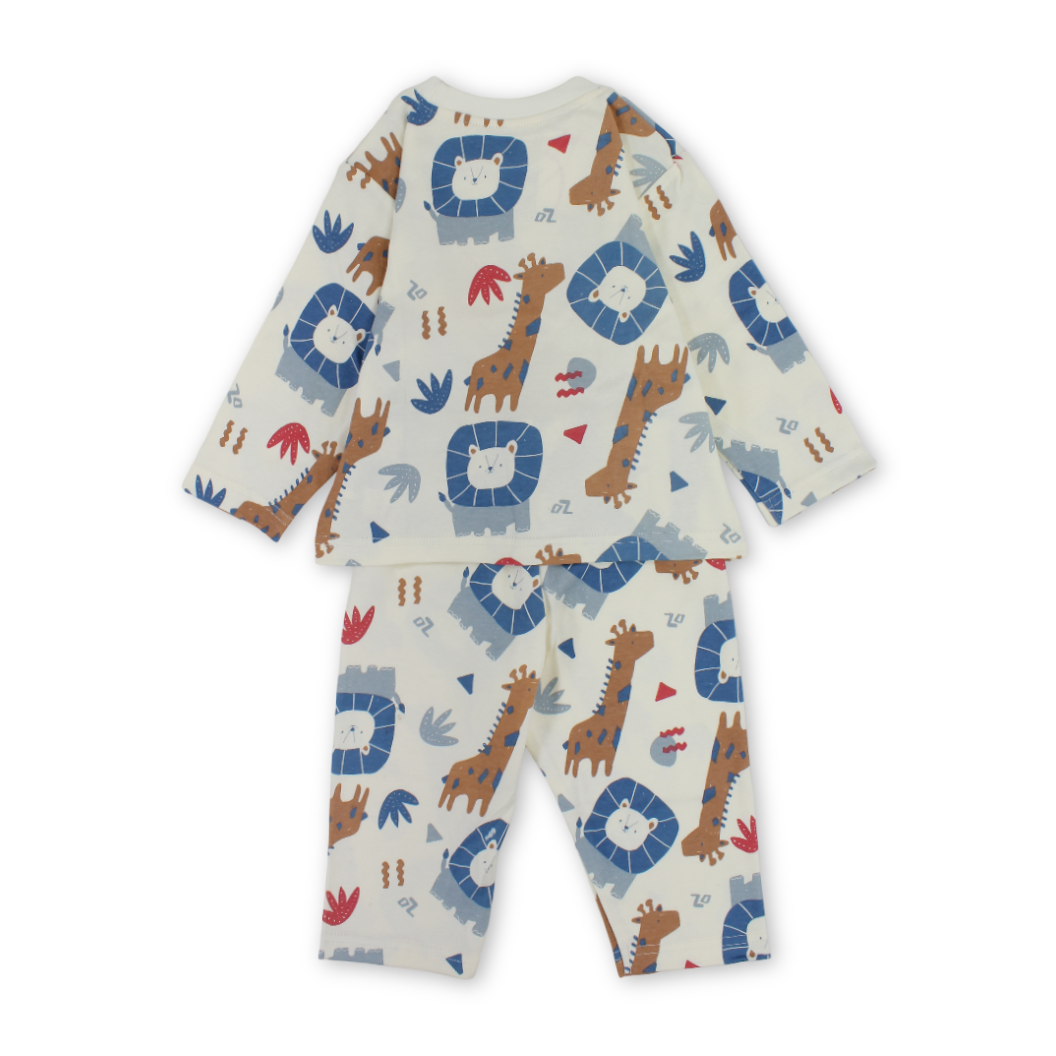 Baby Boys Cotton Pajama – Off-White with Animals Print