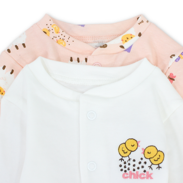 Baby Girls Cotton Baby Footie – Salmon & White with Farm Animals Print