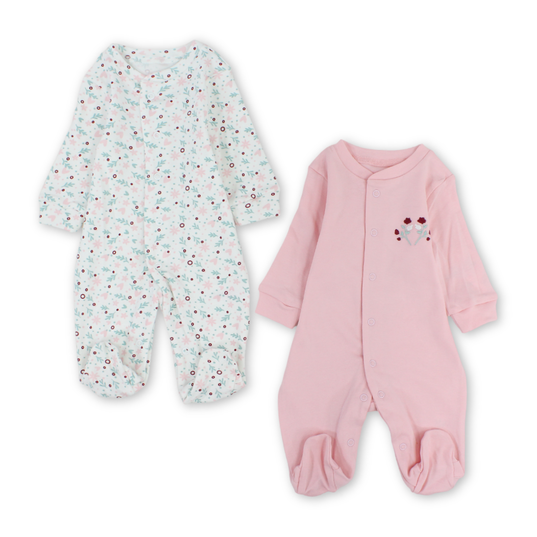 Baby Girls Cotton Baby Footie – Pink & Off-White with Flowers Print