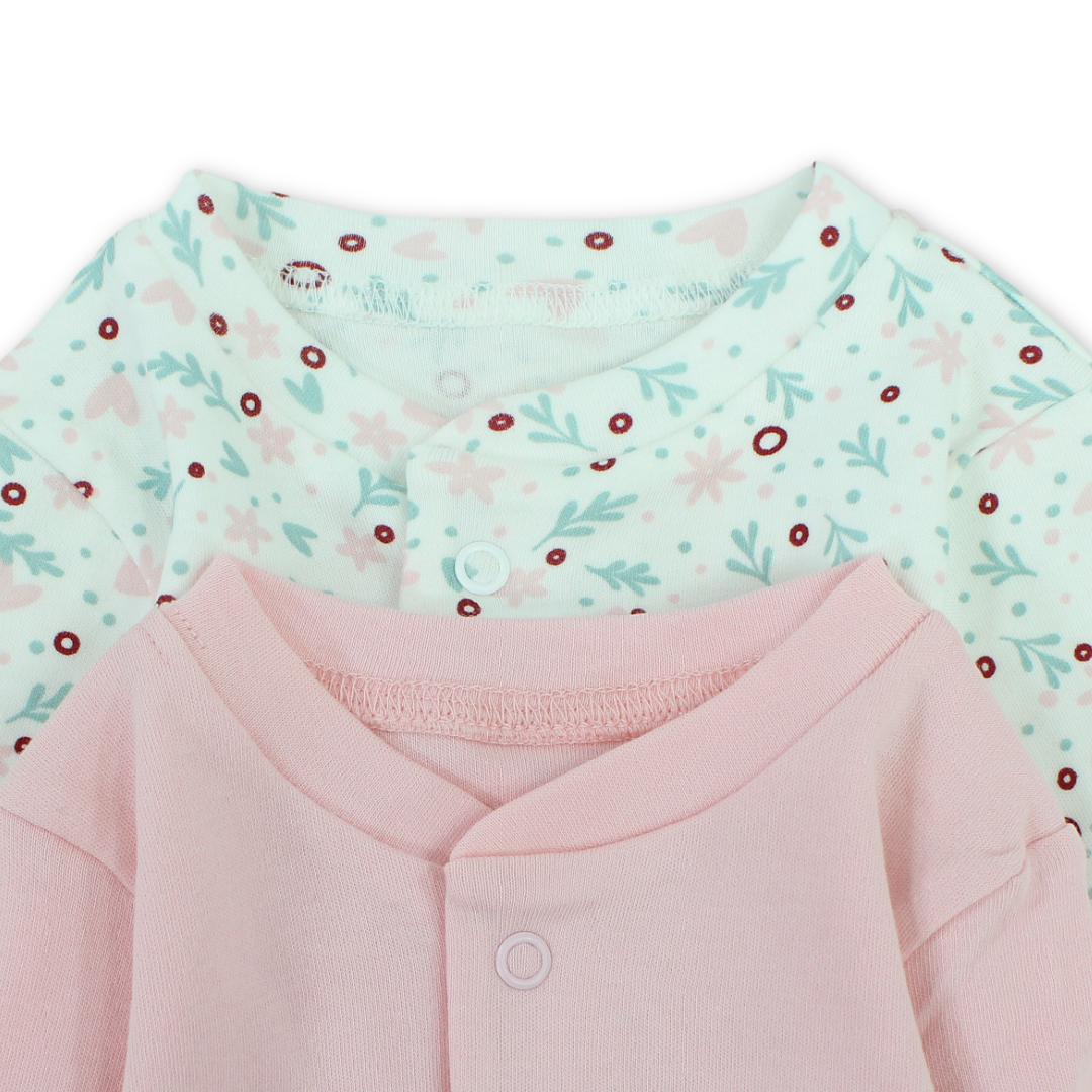 Baby Girls Cotton Baby Footie – Pink & Off-White with Flowers Print