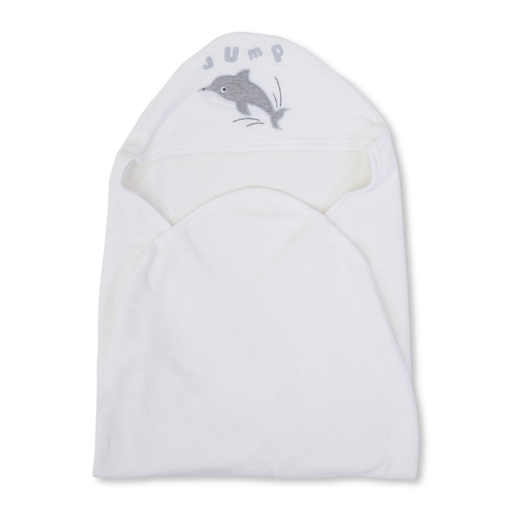 Baby Cotton Hooded Towel – Off-white with Dolphin Embroidery
