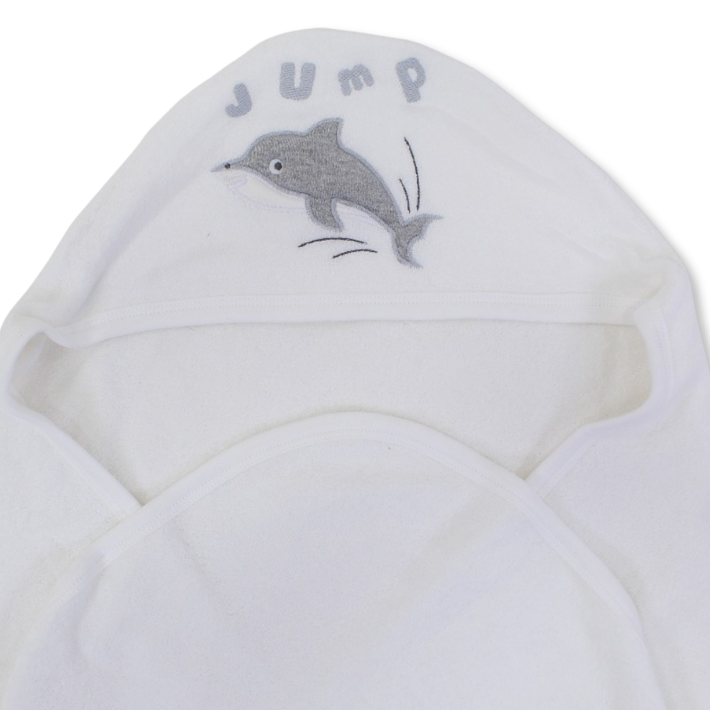 Baby Cotton Hooded Towel – Off-white with Dolphin Embroidery