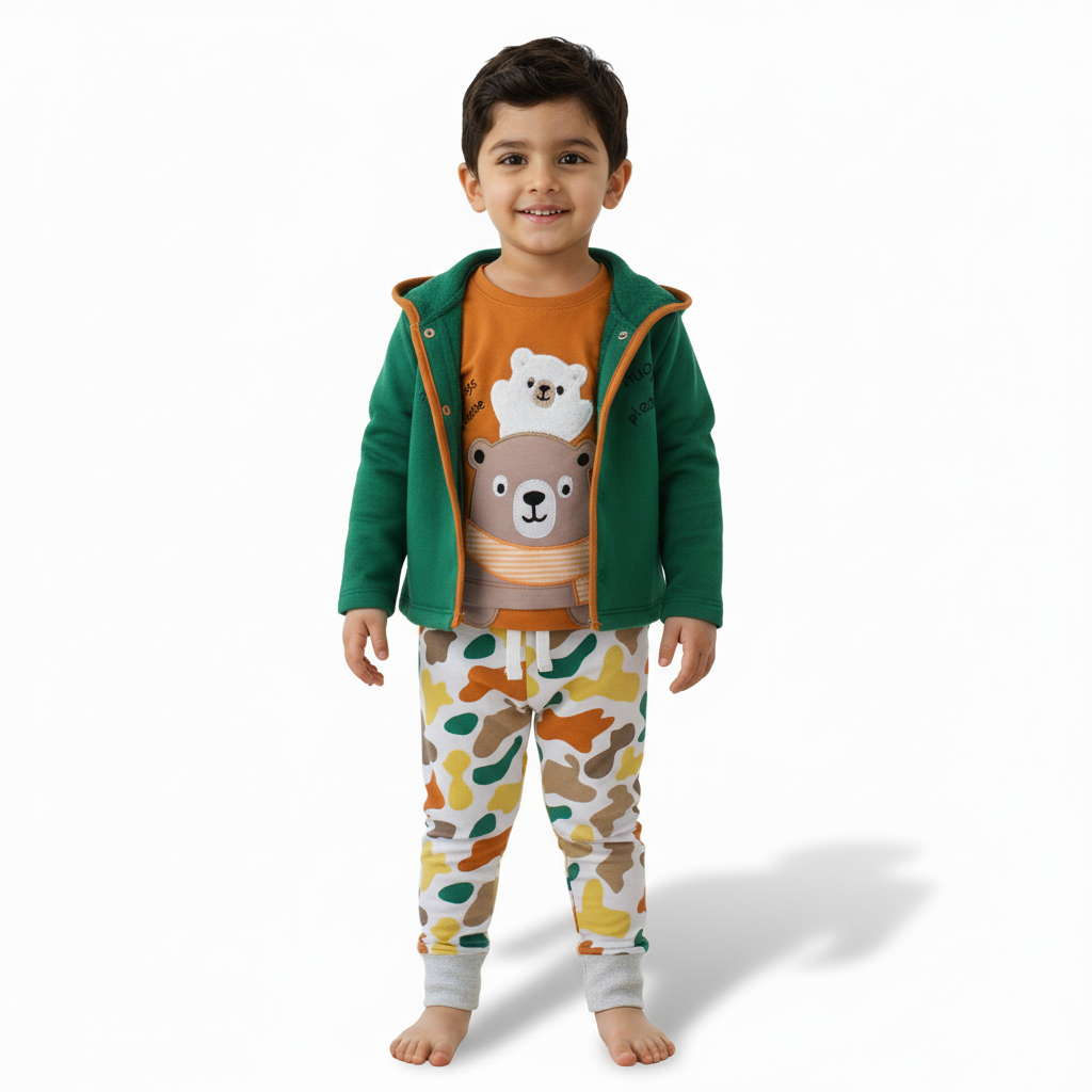 Baby Boys 3-Piece Outfit Set – Green/Orange with bear Print