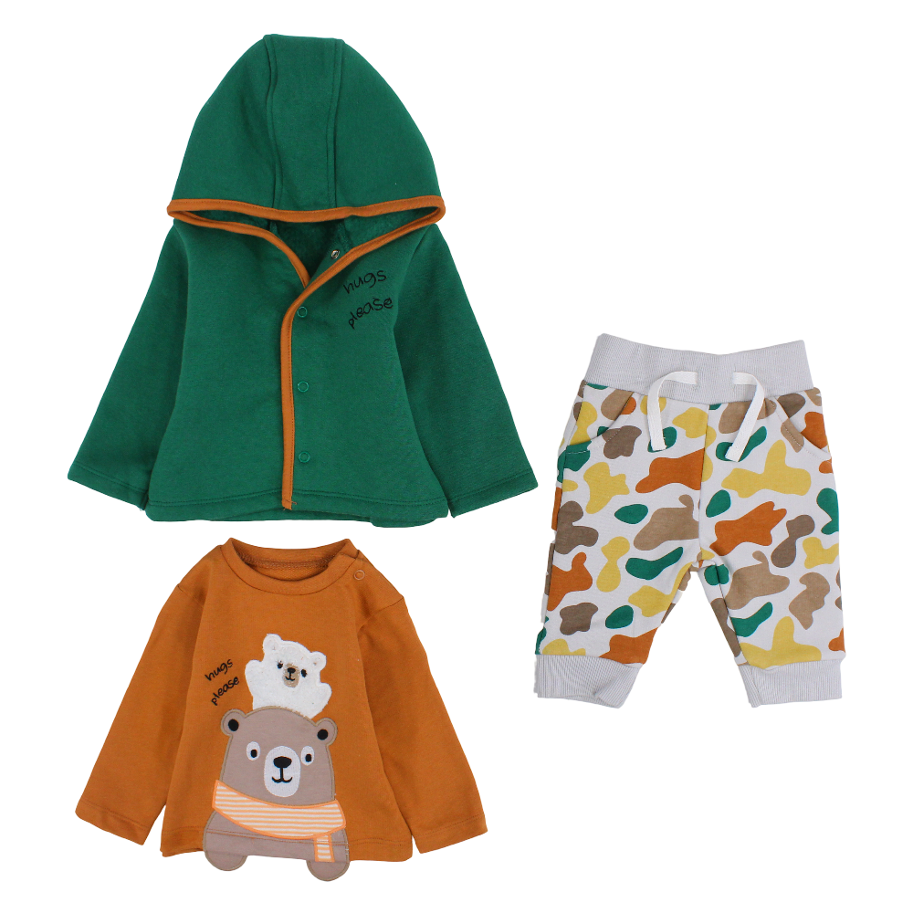 Baby Boys 3-Piece Outfit Set – Green/Orange with bear Print