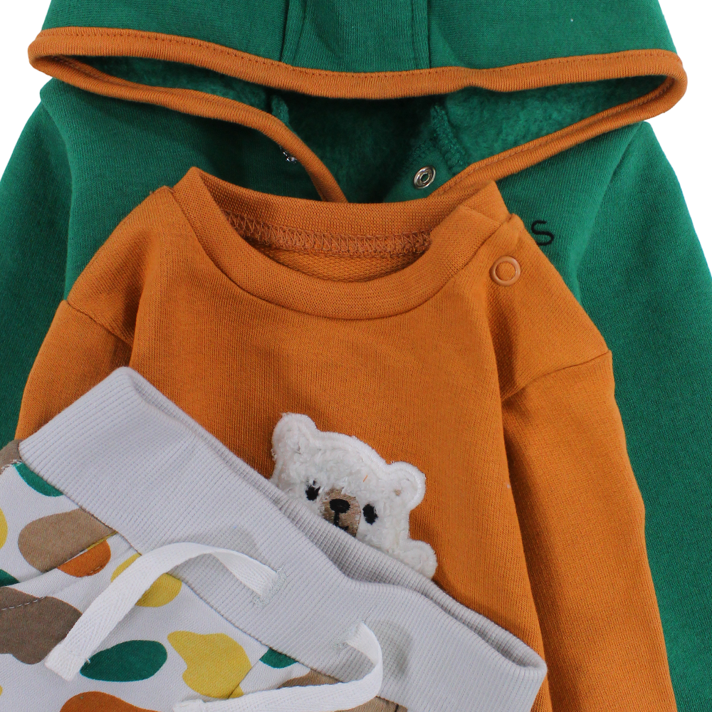 Baby Boys 3-Piece Outfit Set – Green/Orange with bear Print