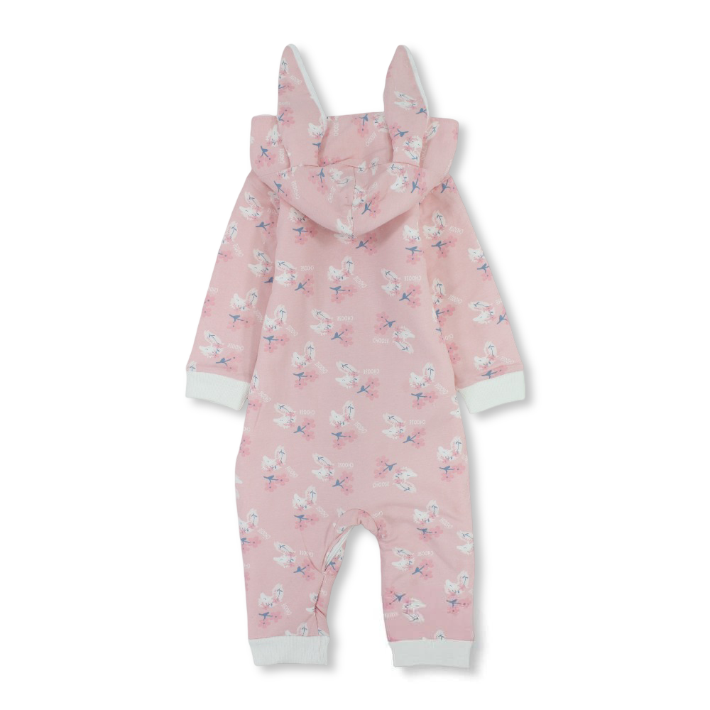 Baby Girls Fleeced Hooded Footless Onesie – Pink with Flowers & Sleepy Horses Print