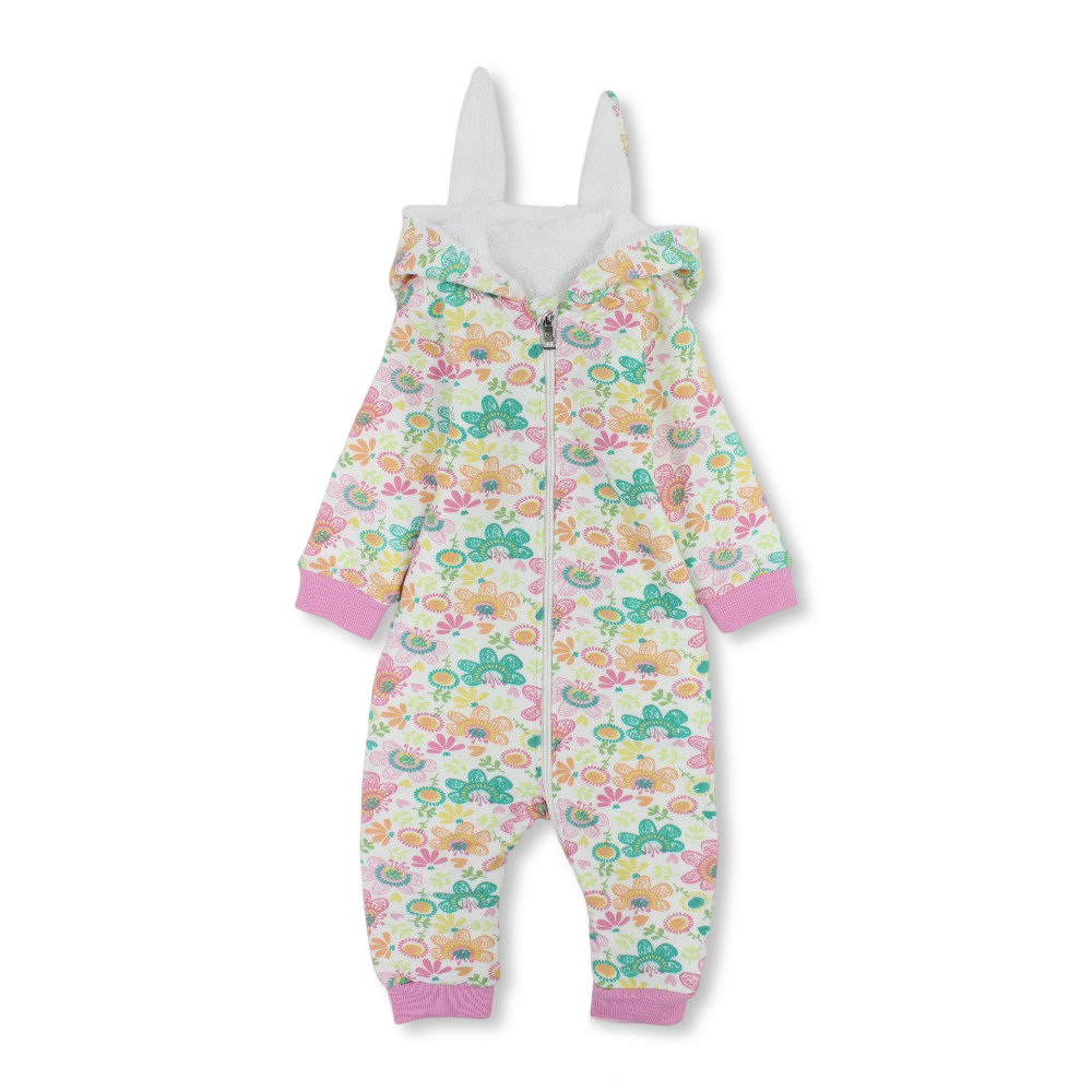 Baby Girls Fleeced Hooded Footless Onesie – Off-White with Flowers Print