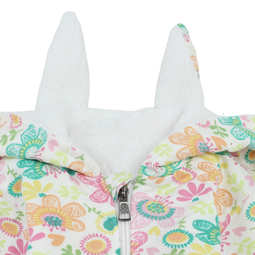 Baby Girls Fleeced Hooded Footless Onesie – Off-White with Flowers Print