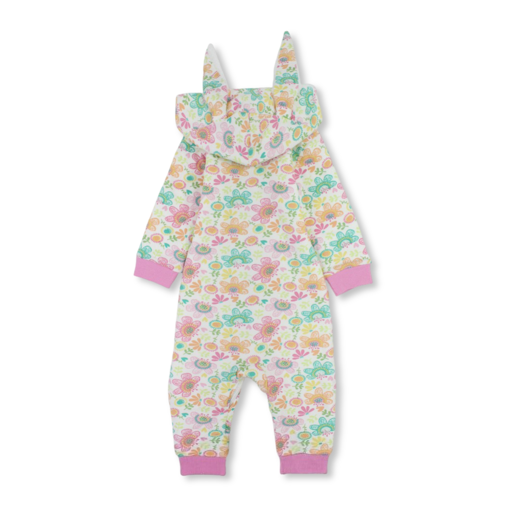 Baby Girls Fleeced Hooded Footless Onesie – Off-White with Flowers Print