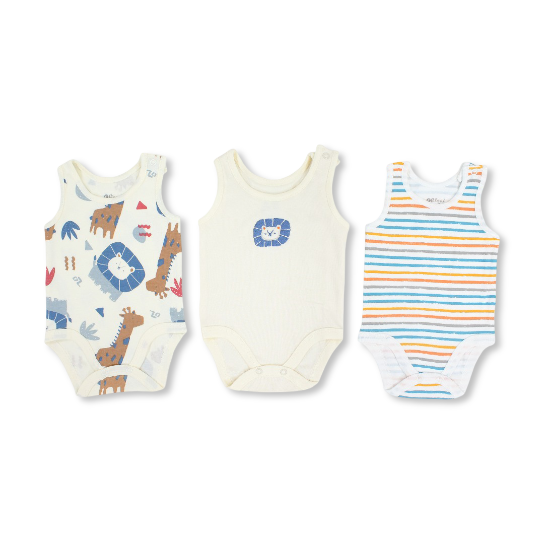 Baby Boys Cotton Sleeveless Bodysuit – Multicolor with Animals Print (Pack of 3)