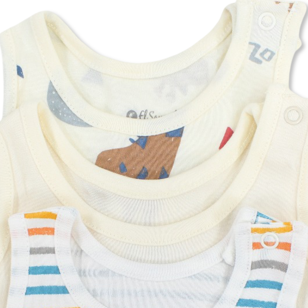 Baby Boys Cotton Sleeveless Bodysuit – Multicolor with Animals Print (Pack of 3)
