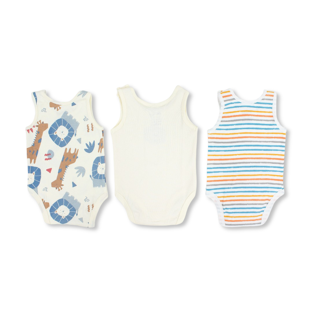 Baby Boys Cotton Sleeveless Bodysuit – Multicolor with Animals Print (Pack of 3)