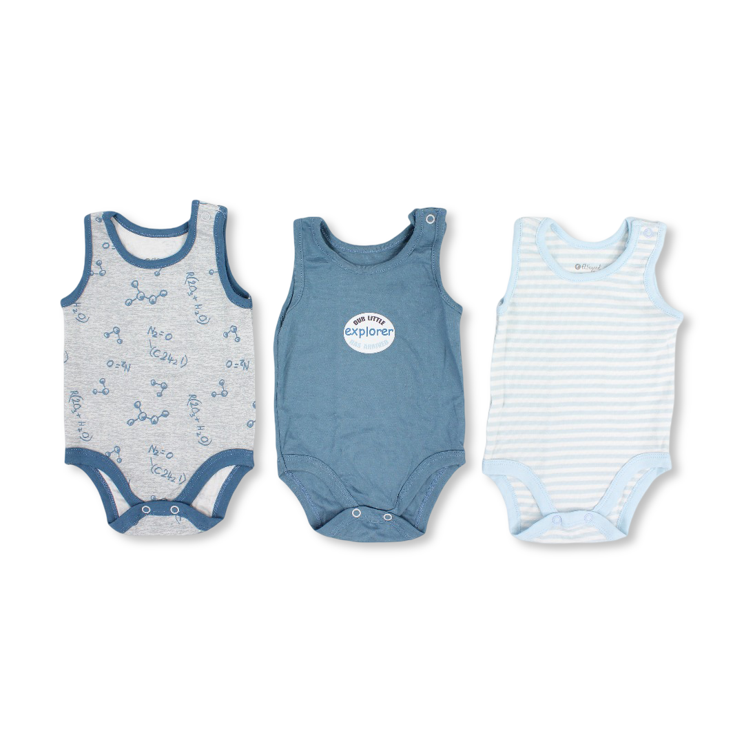 Baby Boys Cotton Sleeveless Bodysuit – Multicolor with Tools Print (Pack of 3) - Clothing - Al Sayad