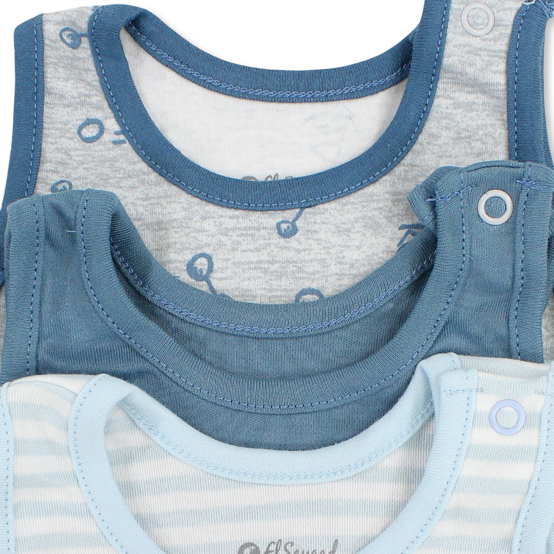 Baby Boys Cotton Sleeveless Bodysuit – Multicolor with Tools Print (Pack of 3)
