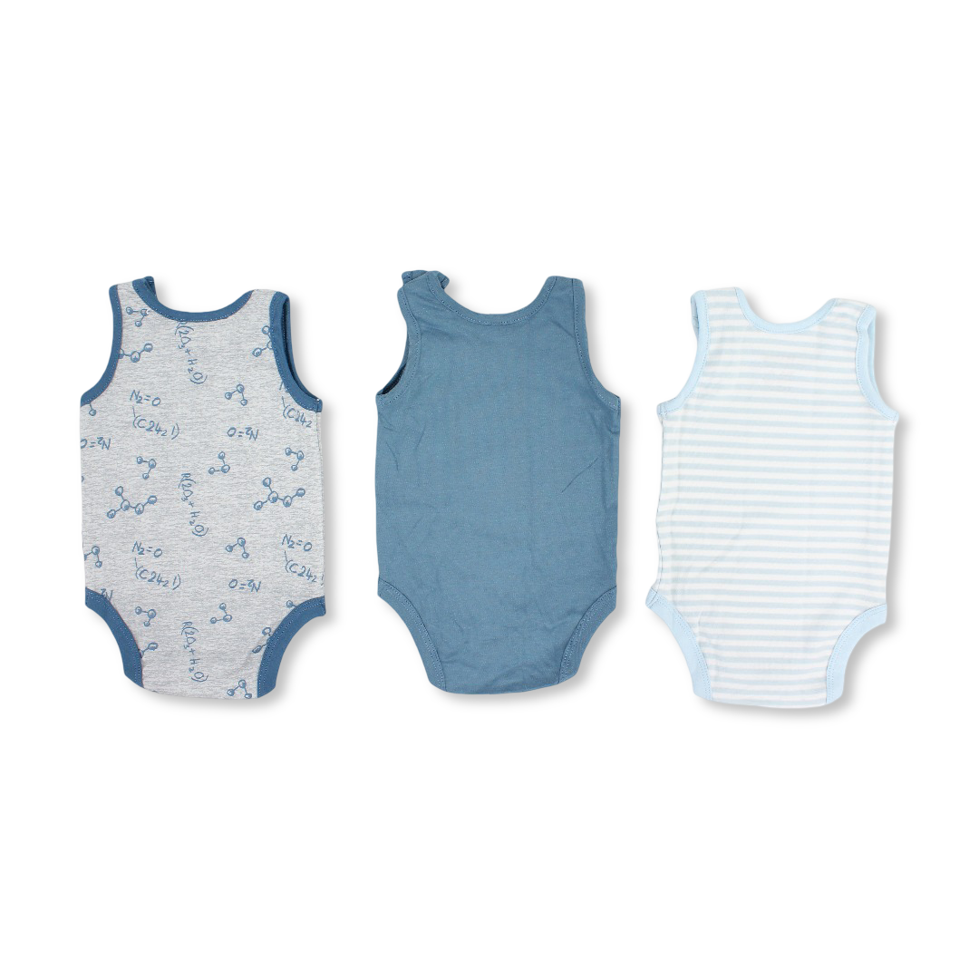 Baby Boys Cotton Sleeveless Bodysuit – Multicolor with Tools Print (Pack of 3)