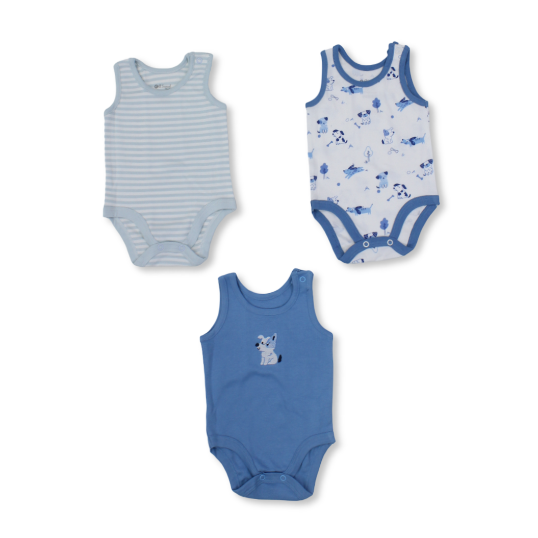 Baby Boys Cotton Sleeveless Bodysuit – Multicolor with Dogs Print (Pack of 3)