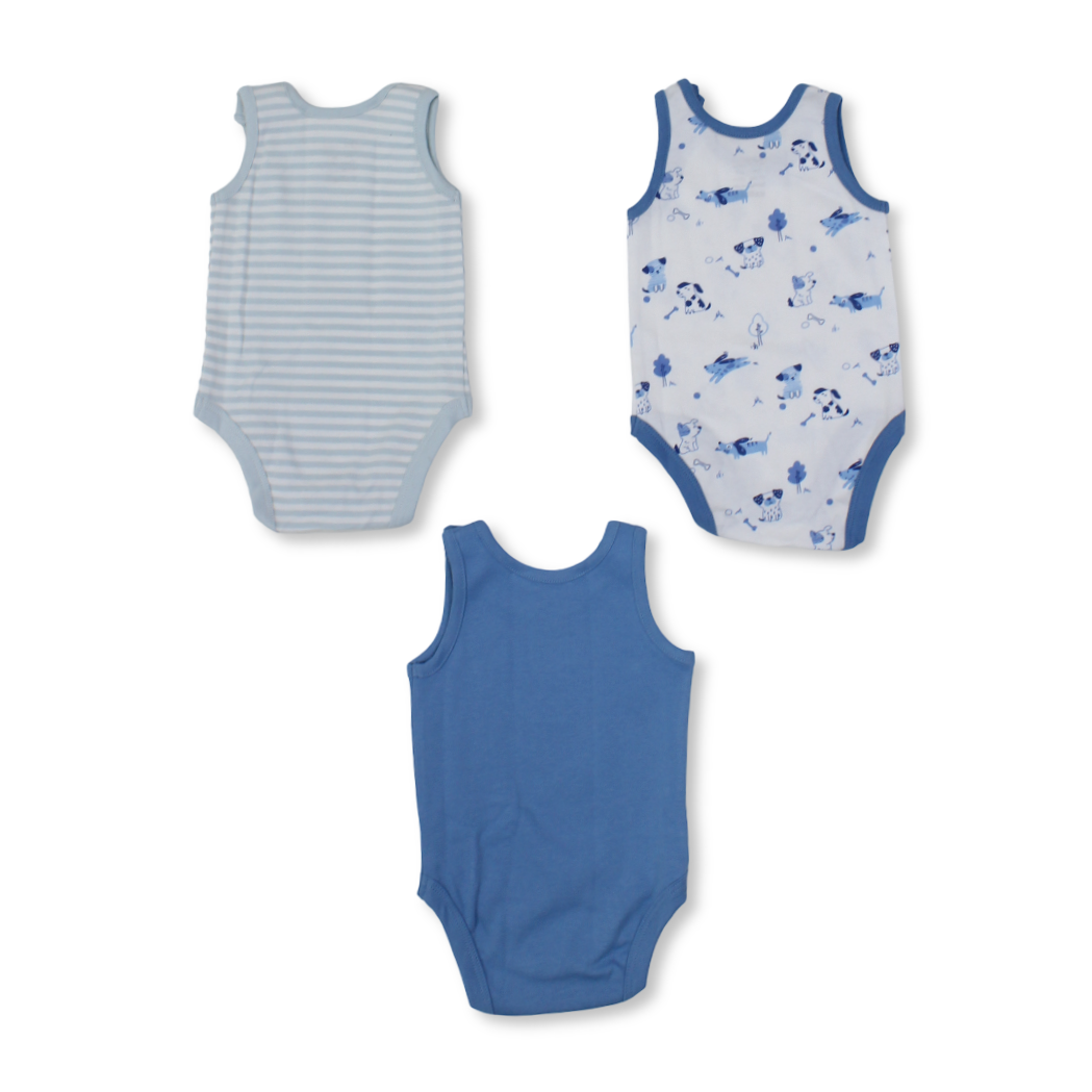 Baby Boys Cotton Sleeveless Bodysuit – Multicolor with Dogs Print (Pack of 3)