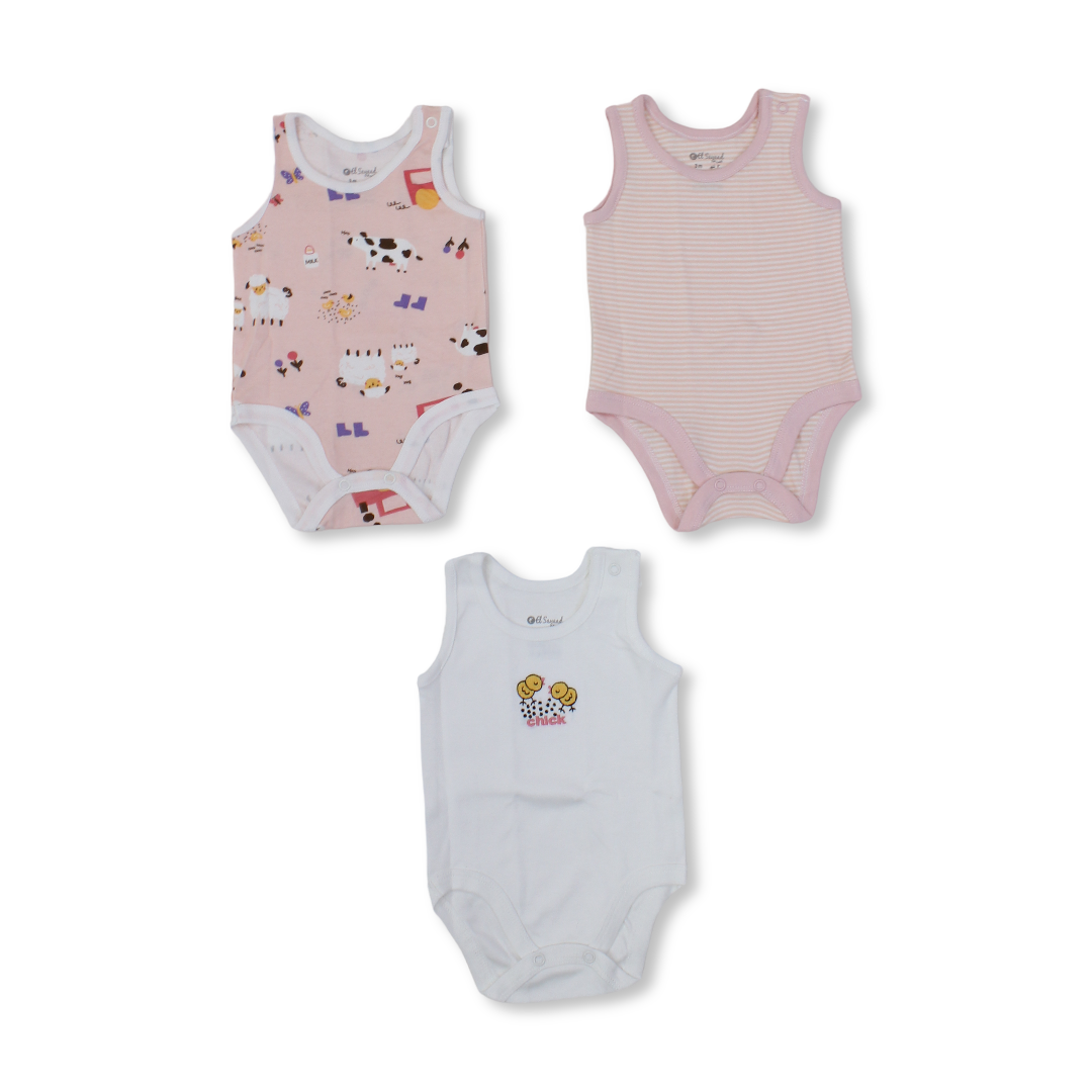 Baby Girls Cotton Sleeveless Bodysuit – Multicolor with Animals Print (Pack of 3)