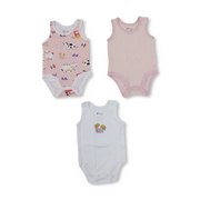 Baby Girls Cotton Sleeveless Bodysuit – Multicolor with Animals Print (Pack of 3)