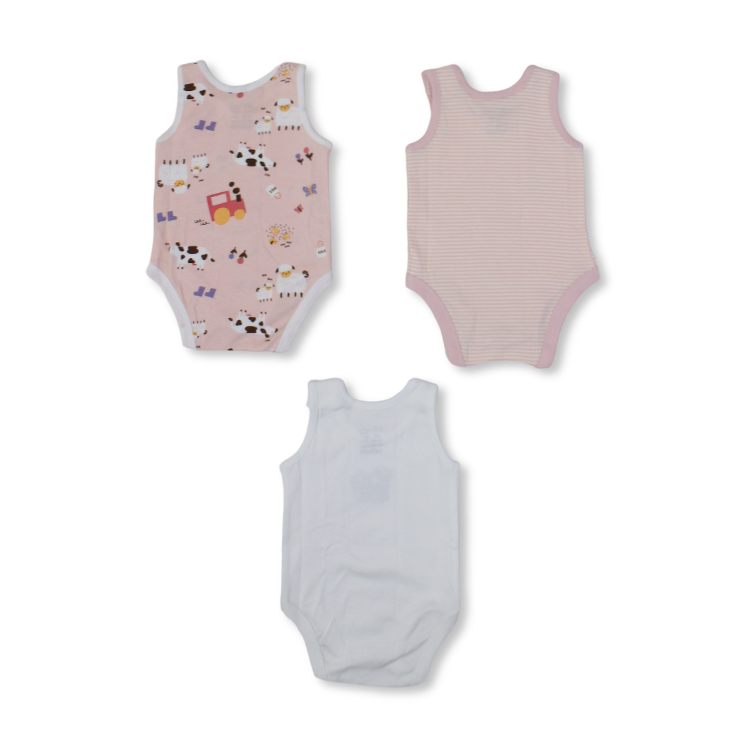 Baby Girls Cotton Sleeveless Bodysuit – Multicolor with Animals Print (Pack of 3)