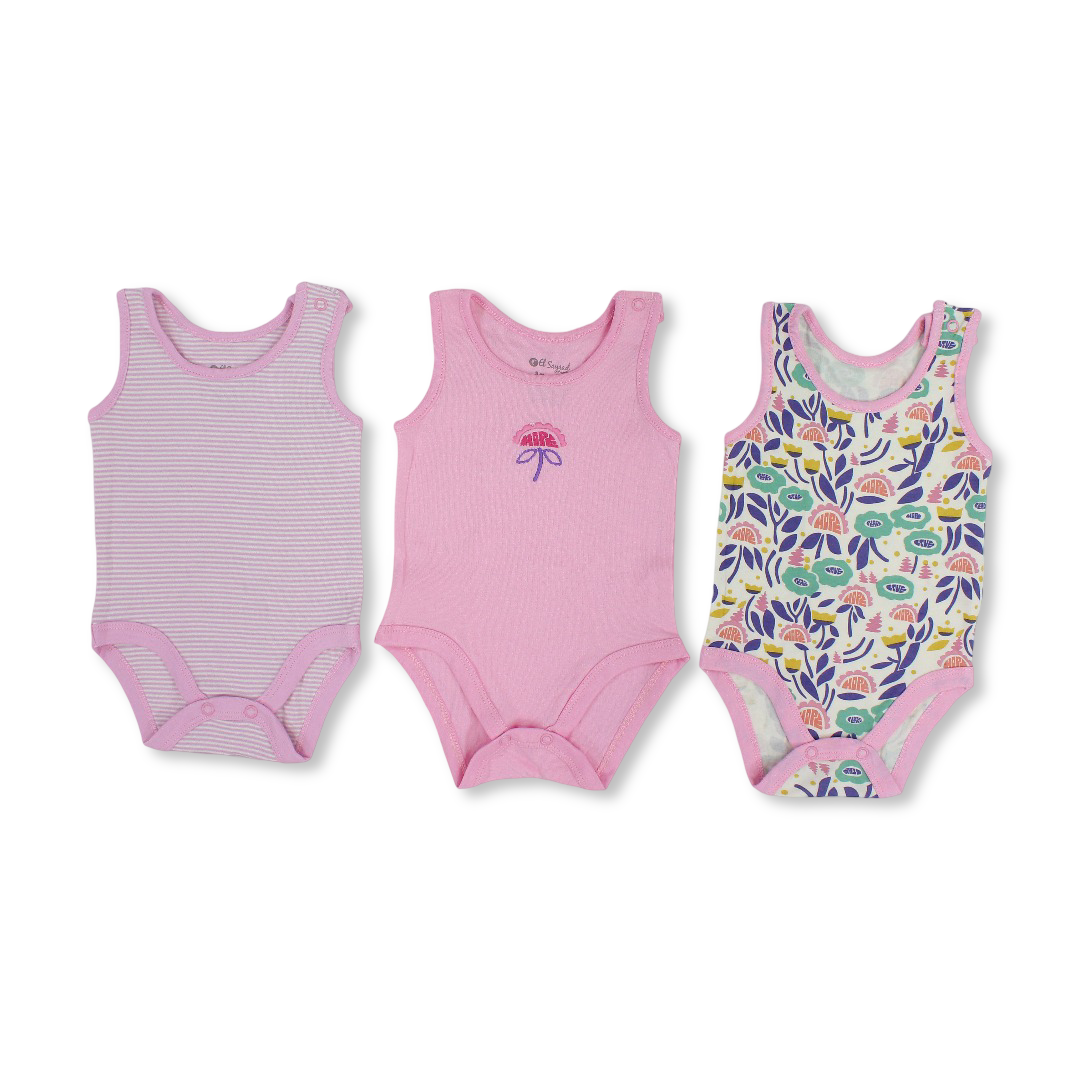 Baby Girls Cotton Sleeveless Bodysuit – Multicolor with Flowers Print (Pack of 3)